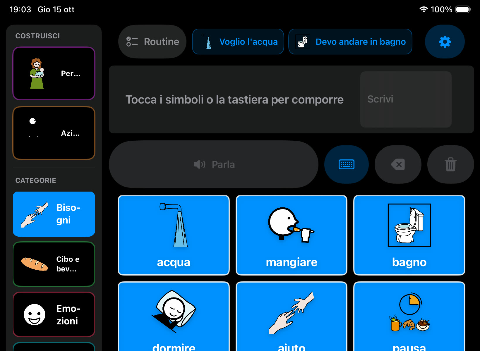 Schermata reale aggiornata di I Speak AAC su iPad: pulsante Routine, frasi veloci, categorie laterali, barra della frase e simboli