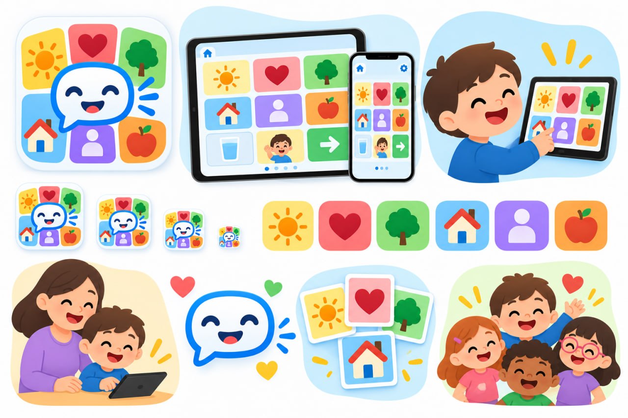 Illustrazioni di I Speak AAC su tablet e telefono, a casa e a scuola